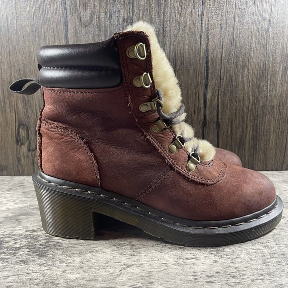 Dr Martens SYLVIA Boot 6 Eye Brown Shearling Lined Womens Platform Size 7 - Picture 3 of 8